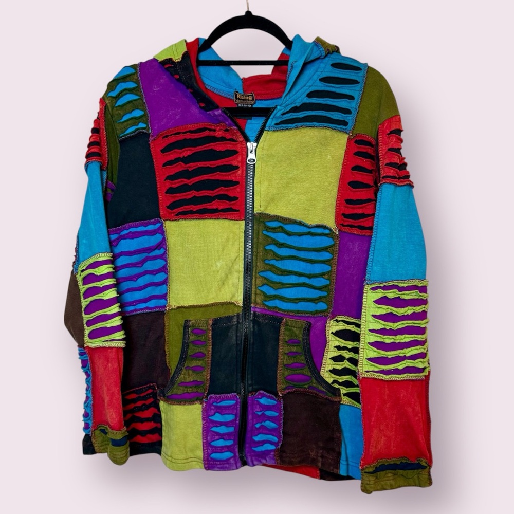 Rising International Boho Patchwork Full Zip Hood… - image 1